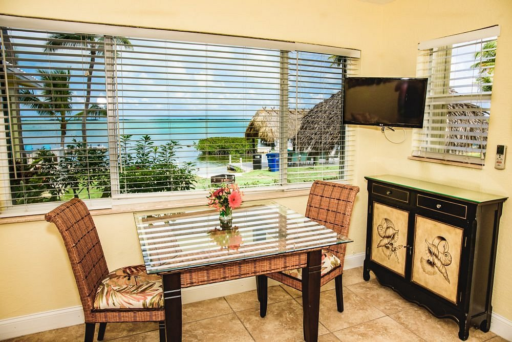 Dining area overlooking palms and the water